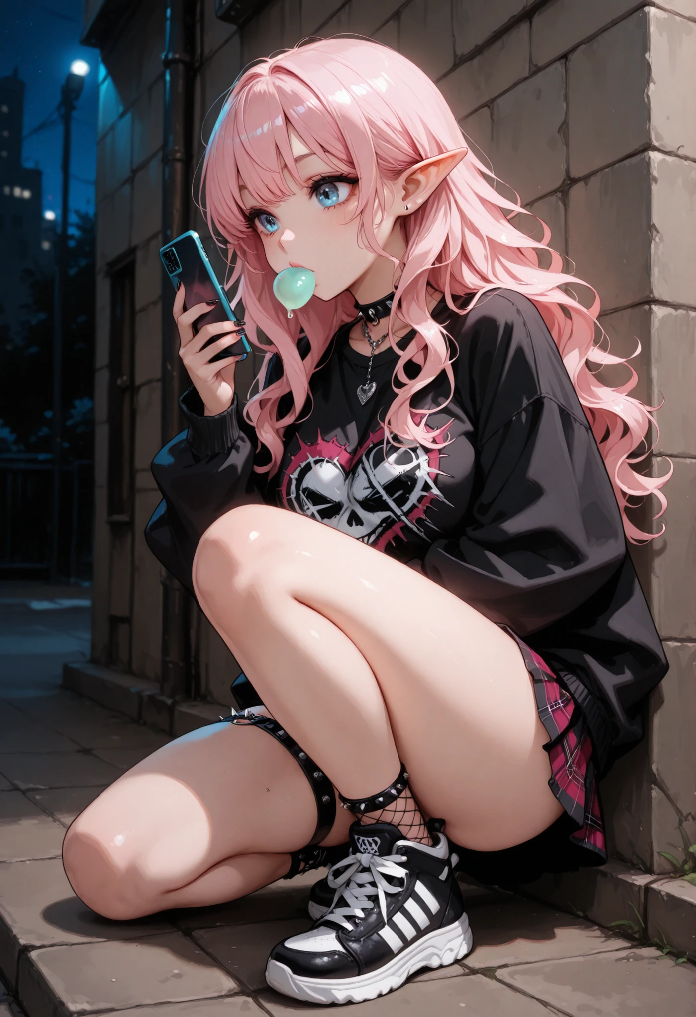 Woman, long wavy hair, blue eyes, pink hair, elf, sexy, punk, cool clothes, gum in mouth, sneakers,Holding cell phone, night 