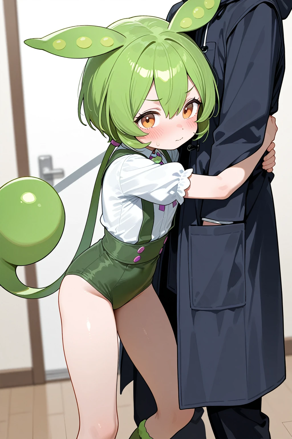 Elementary school height, small, short, small breasts, ponytail, green hair,green eye,((uncensored)), (orgasm), 1 shota,((((a shota is grabbing girl’s breasts from behind)))),slant eyes,furrowed brow,child,elementary school student,baby face,blush,embarrassed,arms up,chikan,molestation