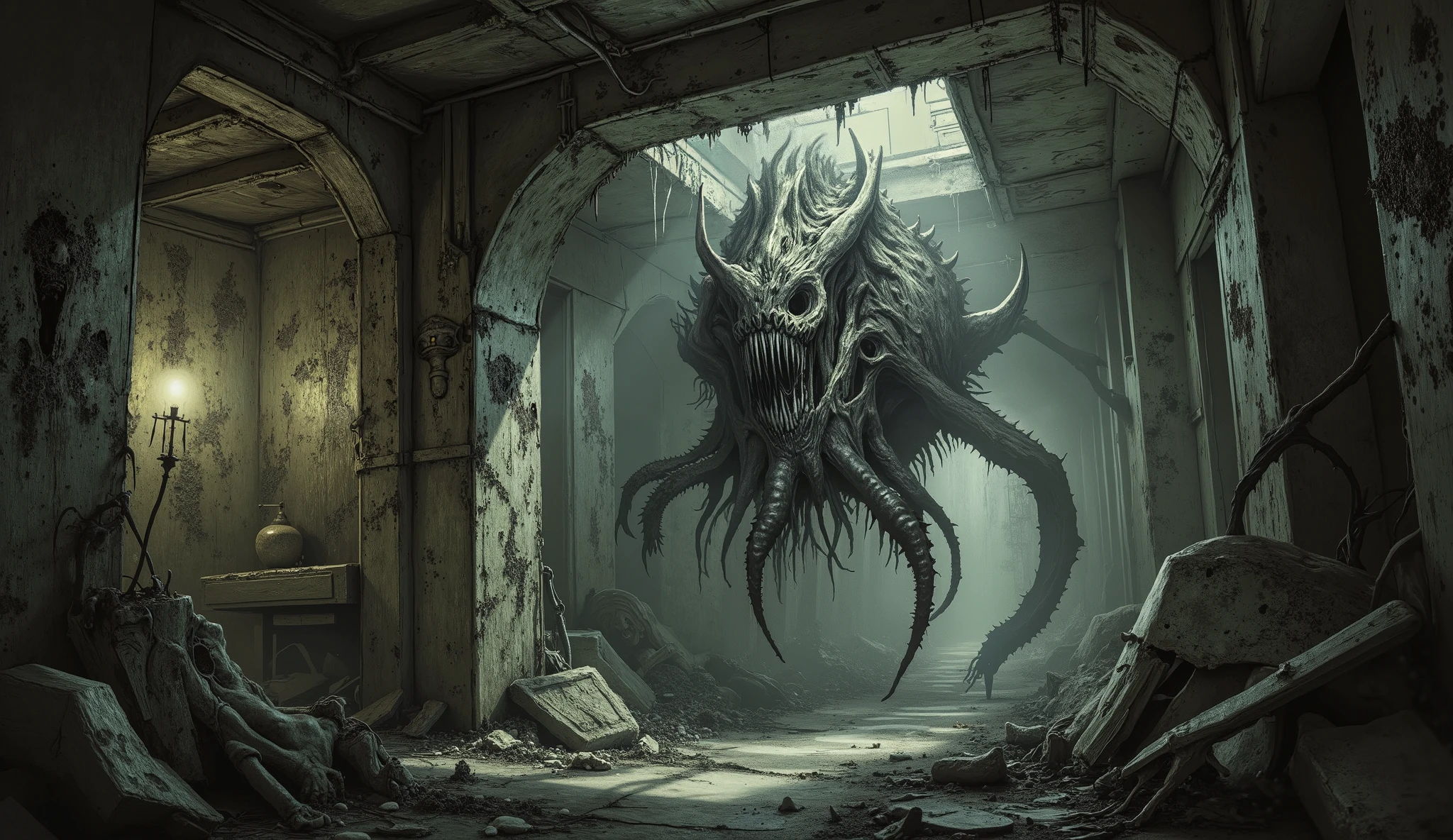 Evil creature with a beast skull face and a humanoid body with tentacles coming out of his chest in the dilapidated basement of an abandoned home, darkness, shadow, Eldritch horror, surreal, high detail, masterpiece.