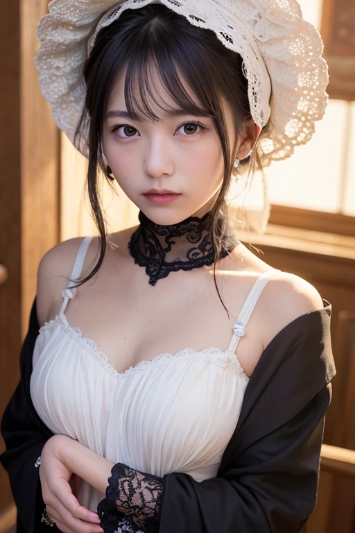 Japanese female, a lot of details, (underweight), 30 years old, detailed black hair, beautiful detailed hair, super fucking beautiful, delicate beautiful face, complex details beautiful and delicate eyes, perfect hands, (flat chest best quality:1.5), perfect and delicate limbs, detailed skin, best quality, ultra-detailed,(Haunted house:1.3), fear, walking, short hair, (yellow frilled clothing), (with a ghost:1.4), (at midnight:1.2), upper body, ground-level shot, ambient lighting