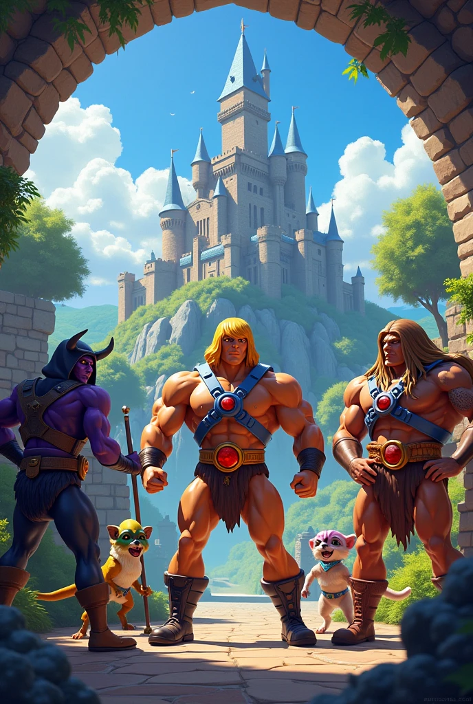 Create a Disney Pixar image of the characters from He-man Thundercats and Dragon's Cave and put the German star name 