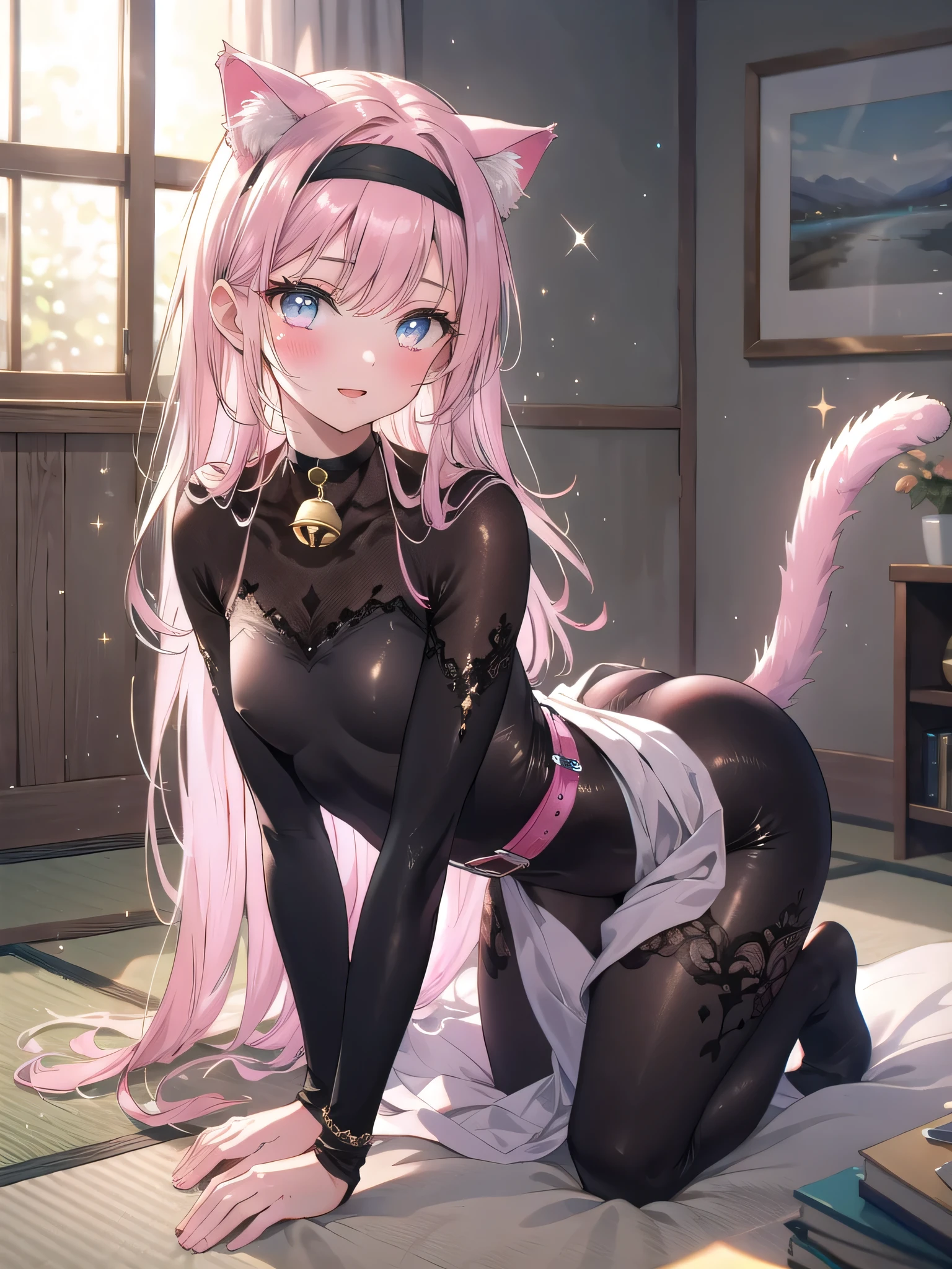 Masterpiece 1 girl Pink hair Long hair Green eyes ((Big Tits)) Big Nipples NSFW  (orgasm) (Heart Eyes) Black lace underwear, on all fours, cat ears