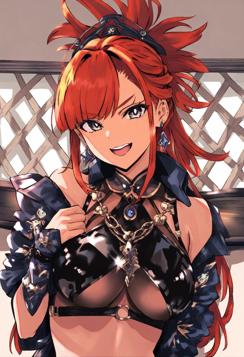 "(masterpiece:1.1), best quality,
1girl, (80s anime style:1.3), (eyelashes:1.5), (loli:1.2),
(intricate high detailed body:1.2),
(orange hair:1.1), (hair slicked back:1.2), (long hair, drill hair:1.2), (demon horns:1.2),
red eyes, (lip stick:1.3), (thick eyebrows:1.1),
(gigantic breasts:1.1),
(happy, smile:1.2), (blush:1.1), open mouth,
(see-through leotard armor, criss-cross halter:1.2), (pantyhose:1.2),
(frill:1.1), (streaked hair:1.2), necklace,
standing, arms behind back,
(upper body, cowboy shot, looking at viewer, from front:1.1),
medieval tavern"