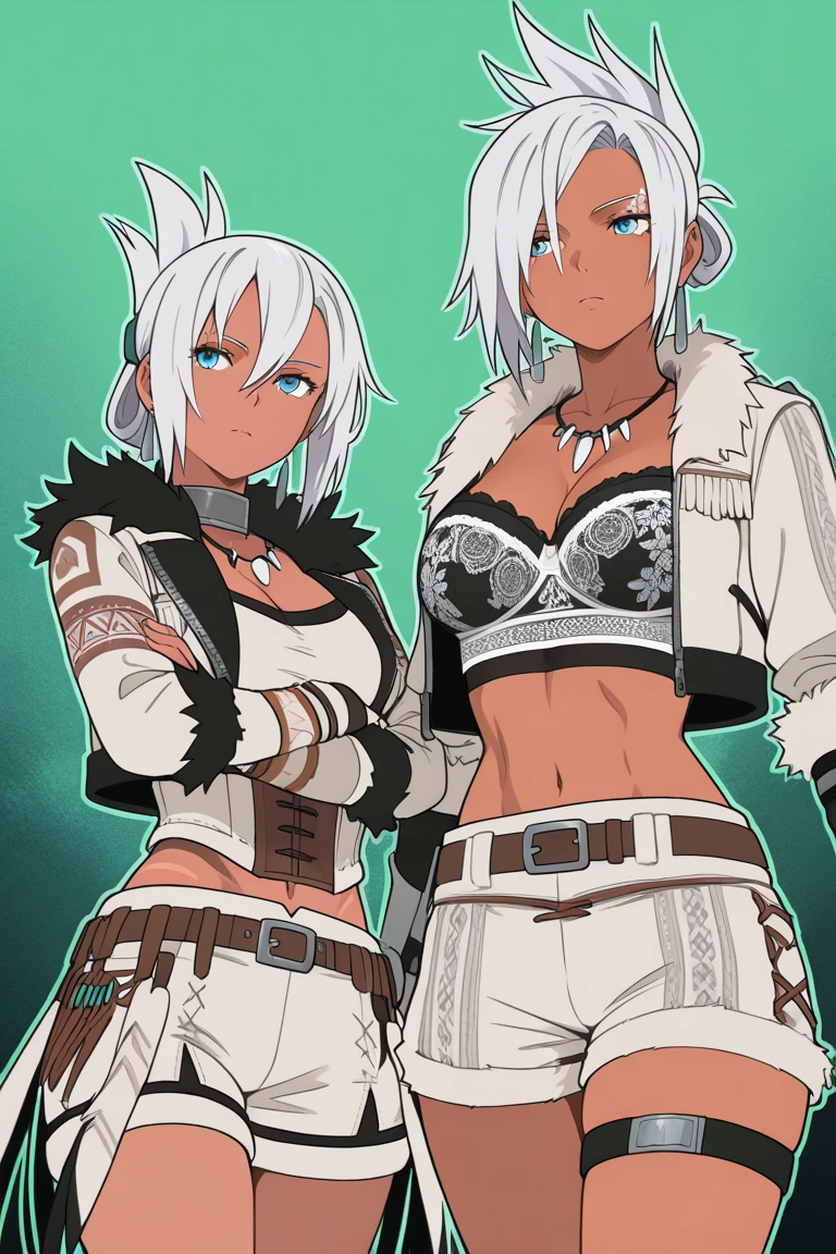 gray hair, gray long hair, ((yellow eyes)), eye patch, (((muscular))), big breasts, happy, (tanned skin), ((black clothes)), sexy, Ghislaine Dedoldia of Mushoku Tensei, fur-trimmed jacket, green pants, open fly, open belt, bikini top only, red choker, cat ears