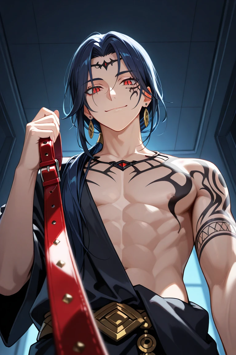 1man, tattoos, piercings, black hair with blue, middle length hair, dark blue eyes, rockstar,dark clothes, piercing in tongue, dark blue jacket, chains, torn jacket, athletic body type. Mocking, arrogant, smiling, tongue out, relaxed, clueless.