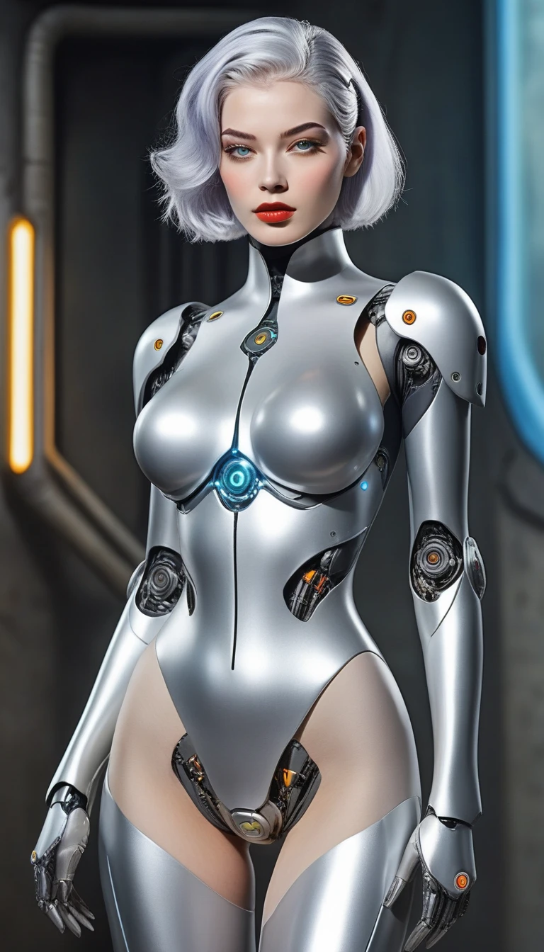 (((devilish smile))), (((Ivory suit))), (((soviet suit))), (((short Ivory haircut))), (((melhor qualidade: 1.4))), (((arm metal))), (((DuneWalker))), (((Annie Lennox))), (((post-apocalypse))), (Unbeatable masterpiece), (hiper HD),(CG 8k hiper-realista), 1Girl with a gun in a futuristic world wearing modern Soviet clothes. Corte de cabelo ultra curto e moderno, perfect body with robotic parts, seios grandes, bunda perfeita, muscles without exaggeration, rosto lindo com olhos azuis penetrantes, add textures to clothes and create something different from the usual, add accessories like garter belt, espartilho e luvas com listras, pele bronzeada e com brilho de molhado, industrial environment with giant heavy machines, Intricate machinery and giant robot parts