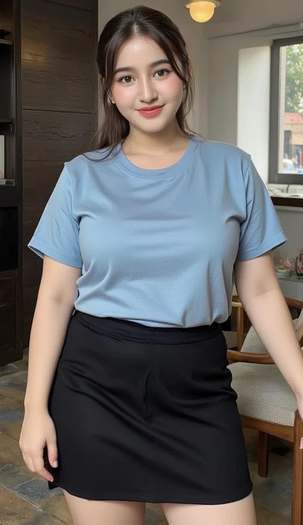 Fat Woman, Obese, Big Size, Round face, Double chin, Overweight,Shoulder-length fluffy hair ,Trendy clothes、 Showing the whole body facing forward,Looking at the camera,smile、