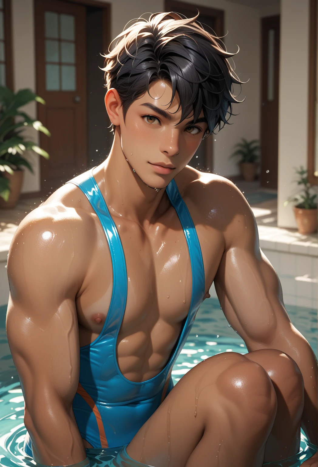 male_focus,1boy,splashing,abs,pool,waves,necklace,solo,jewelry,caustics,wading,pectorals,magic_circle,best quality,masterpiece,an extremely,extremely detailed,Amazing,finely detail,official art,ultra-detailed,highres,beautiful detailed,tattoo,arm tattoo,water,cyborg --auto