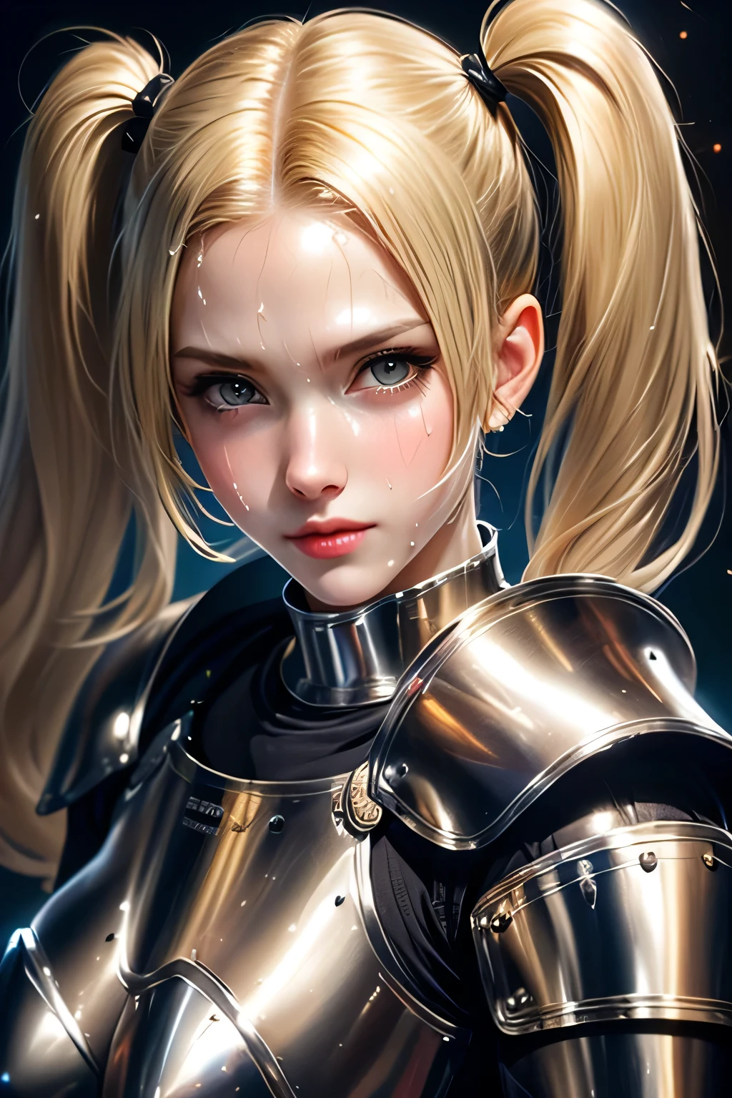 (masterpiece, best quality:1.4), official art, absurdres, violaceaess, cute face, beautiful eyes, upper body, (arch back, arms behind back:1.1), medieval, silver armor, engraving silver breastplate, (ultra detailed engraving, detailed carving:1.2), (geometric:0.8), from above, looking at viewer, (tearfilled eyes, angry, blush:0.9), small head, sharp focus, facelight, dynamic lighting, cinematic lighting, dramatic shadow, highres, ultra detailed, finely detail, extremely detailed, detailed eyes and face, sharp pupils, realistic pupils, simple background, dark background, small waist, dark blue eyes