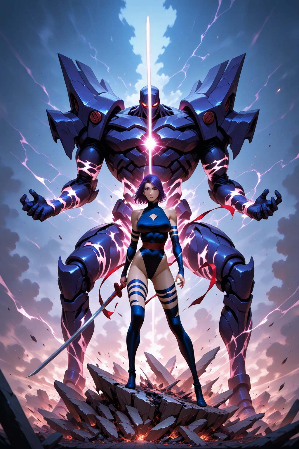 ?????????????, anime girl with blue hair and green eyes long haired, misato katsuragi, portrait knights of zodiac girl, fubuki, kusanagi, inspired by Rei Kamoi, nico robin, ikki tousen, knights of zodiac girl, juri misaki, gainax anime style, close view 8K,HD,Wallpaper masterpiece 1.3, large ???, , thin waist, holding a katana, bloody clothes, angry, violet ninja outfit. Lookin at viewer, full body, abs showing, Chaos backround, explotion backround 