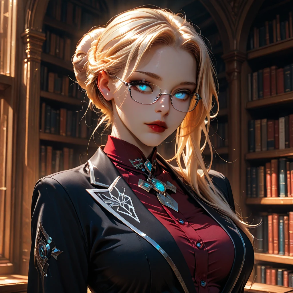 Draw a highly-detailed intricate masterpiece anime cowboy shot of young blonde girl with blue eyes glasses wavy hair small breasts wearing a red leather dress, a black lace bolero, fishnets, fishnet stockings and high black leather overknees posing for a photo as cowboy shot in a bookstore,
night sky moonlight,
pointy ears, cowboy shot, small breasts, (iridescent blackish scaly skin:1.3),black lips,
nice hands, perfect hands,
hyperdetailed painting, luminism, 4k resolution,
Soft Lighting, Photographic Realism,
3d rendering, octane rendering, <lora:GoodHands-vanilla:1>