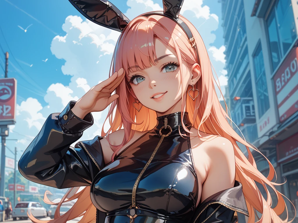 A girl, 20 years, Blonde hair with pink highlights very long straight, fringe, pink eyes, Pale skin, marked feminine features, wearing a full black tight leather suit with pink details, white jacket with pink, Posing, hands on breasts, smiling, pink marked lips.