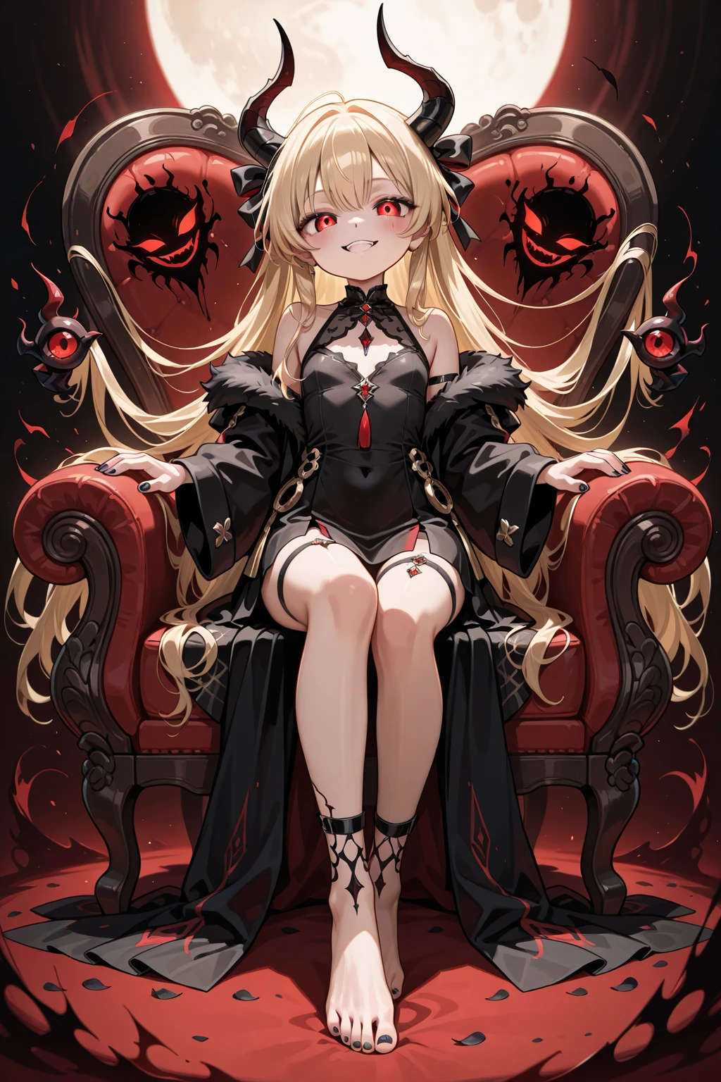 1 girl, solo ,adult, tall ,blonde hair and pink eyes, black background , seductive smile, villain like smile,wearing a oversized jacket,heirclip, emotionless eyes, only 1 girl, sitting on a throne like a villain, royal throne,medium breast, focus on face, multi colour jacket,very long heir, stylish heirloom,a crown on head,high heels, designer stockings.