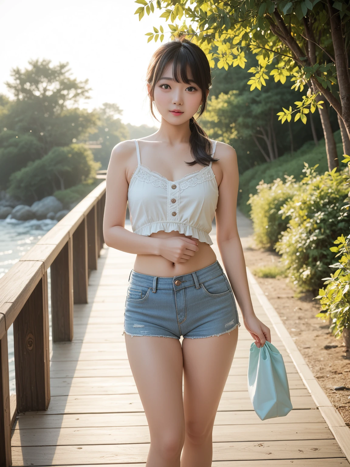 8k,best quality, masterpiece, ultra detailed, ultra high res, photorealistic, raw photo, absurdres, absolutely resolution, (1girl), cowboy shot, looking at viewer,from below,a Japanese young pretty girl, Japanese idol,hyper cute face, glamorous figure, large breasts,long bob hair,smile,(High-waisted shorts, off-the-shoulder top, espadrilles:1.3),beautiful eyes, Walking through a crowd of people,glossy lips, double eyelids in both eyes, natural makeup, long eyelashes, shiny smooth light brown long bob hair, asymmetrical bangs, shiny skin, central image, high resolution, high detailing, detailed hairstyle, detailed face, spectacular movie lighting, octane rendering, vibrant, hyper realistic, perfect limbs, perfect anatomy