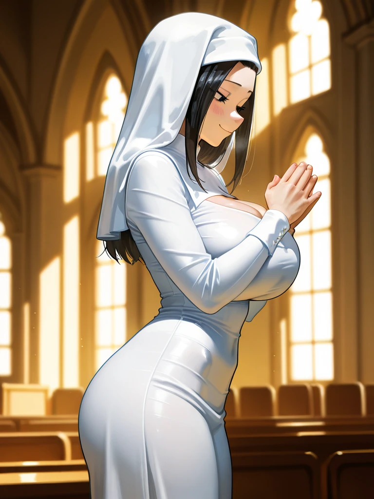 (Masterpiece, Young Nun), (High Quality, Spiritual Figure), (Female Character, Religious Icon), (Detailed Attire, Habit), (Nun's Veil, Covered Head), (Bare Neckline, Modest Plunge), (Natural Complexion, Radiant Skin), (Soft Lighting, Holy Sanctuary), (Realistic Texture, Fabric Wrinkles), (Deep Focus, Close-up Portrait), (Young Face, Innocent Expression), (Hands, Holding Rosary Beads), (Gazing into the Distance, Contemplating), (Serene Environment, Monastery), fully clothed, covered breasts, covered areola, covered nipples, full body shot
