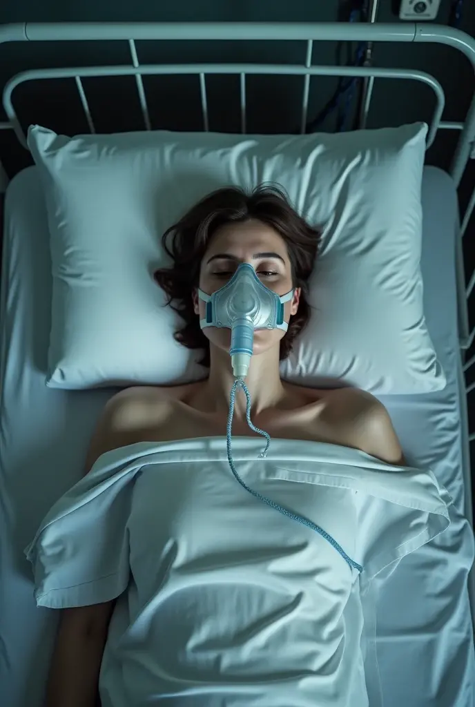 A woman lies in a hospital bed on oxygen