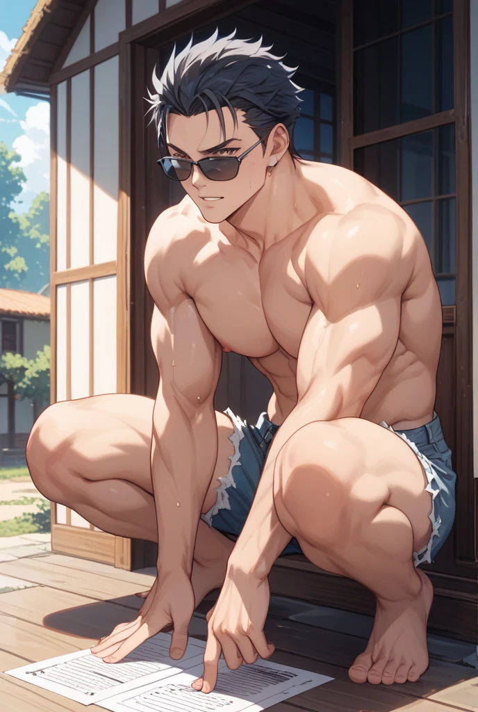 A man in a shirt standing in front of a building, Tall anime man with blue eyes, Cool anime poses, Anime handsome man, muscular!!, Handsome guy in the art of slaying demons, (SFW) Work, muscular!, Taisho Rome, male anime character, super awesome and cool, Medium shot of a handsome guy, The strongest posture