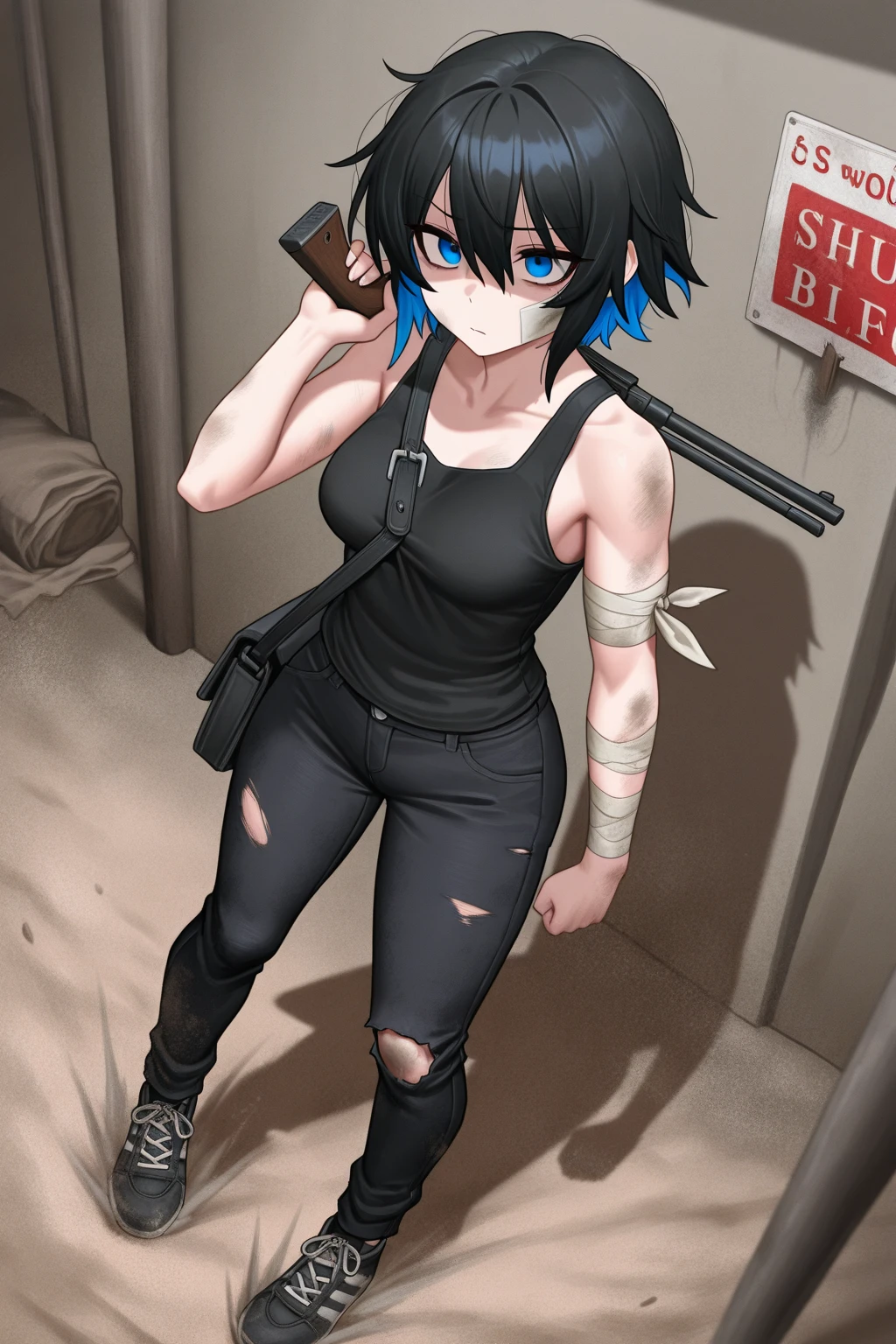 1boy, androgynus body, short black hair with blue highlights, blue eyes, shy face, black necklace, blue blouse, blue hood, black fingerless gloves, black shorts, blue boots, knife in the hand, big ass, cemetery background