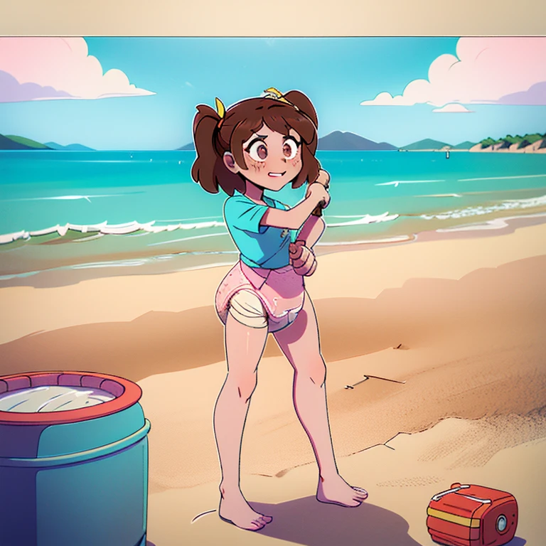 An 18 year old girl playing in a busy beach BREAK (completely nude:1.2), (naked:1.2), Wearing white ankle socks only, clear and detailed face (embarrassed, panicking, upturned eyes, full-face blush, open mouth, parted lips:1.3)
