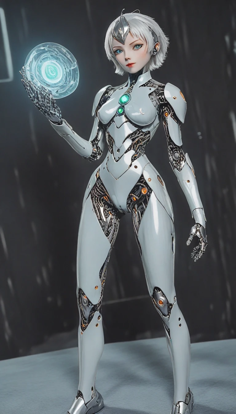 A full body photograph of Japanese female android made of transparent glass, white and silver plastic, geisha makeup and hairstyle, silver metal internal mechanisms, dynamic pose, flowing organic construction, detailed designs, glowing colorful circuitry, colorful neon trim, art by H.R. Giger, Greg Rutowski