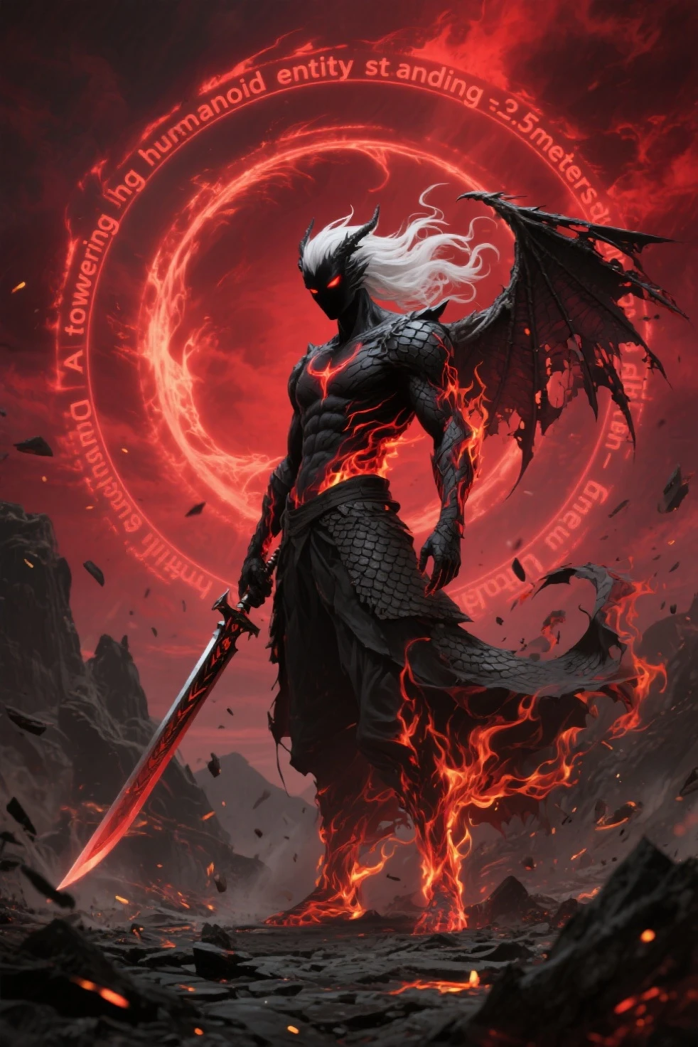 Male character, handsome, dark skin, black wings, wearing a red suit, long white hair, emerald green eyes, his appearance is that of a fire demon, his body is that of a fire demon with giant horns, a bestial body, an intimidating appearance, its appearance is identical to that of the fire demon Ifrit