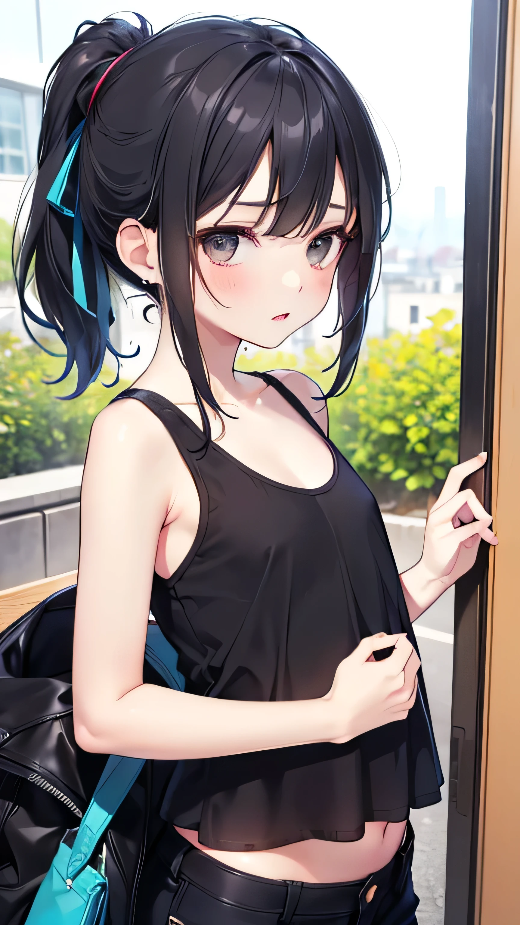 A very young woman，Wear tight black bike shorts.，Very short height，flat chest，Lean against the door and take a photo., The head is not visible，Wearing a camisole on the upper body，[ 4K realism ]!!, [ 4K realism ]!!!, [ 4K Digital Art ]!!, Perfect body with realistic shadows, really!!!!!!! art style, Photorealistic animation, everyday pose, realistic anime 3D style