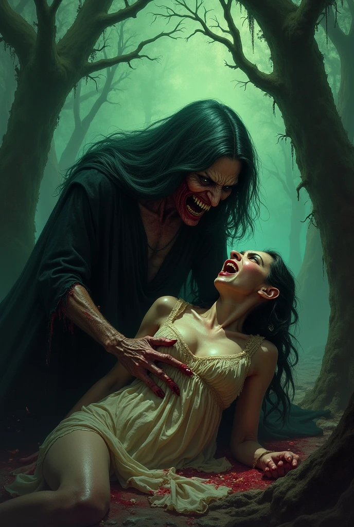 a classic comic book cover, horror illustration style. Titled written "SITI BALIK". She is a zombie woman, white pale skin, wearing white slubby long cloth, long black hair, crawling coming out from the terrain in front of a Malay house in the night. traditional Malay village house in distance. background of tropical forest and a mountain.