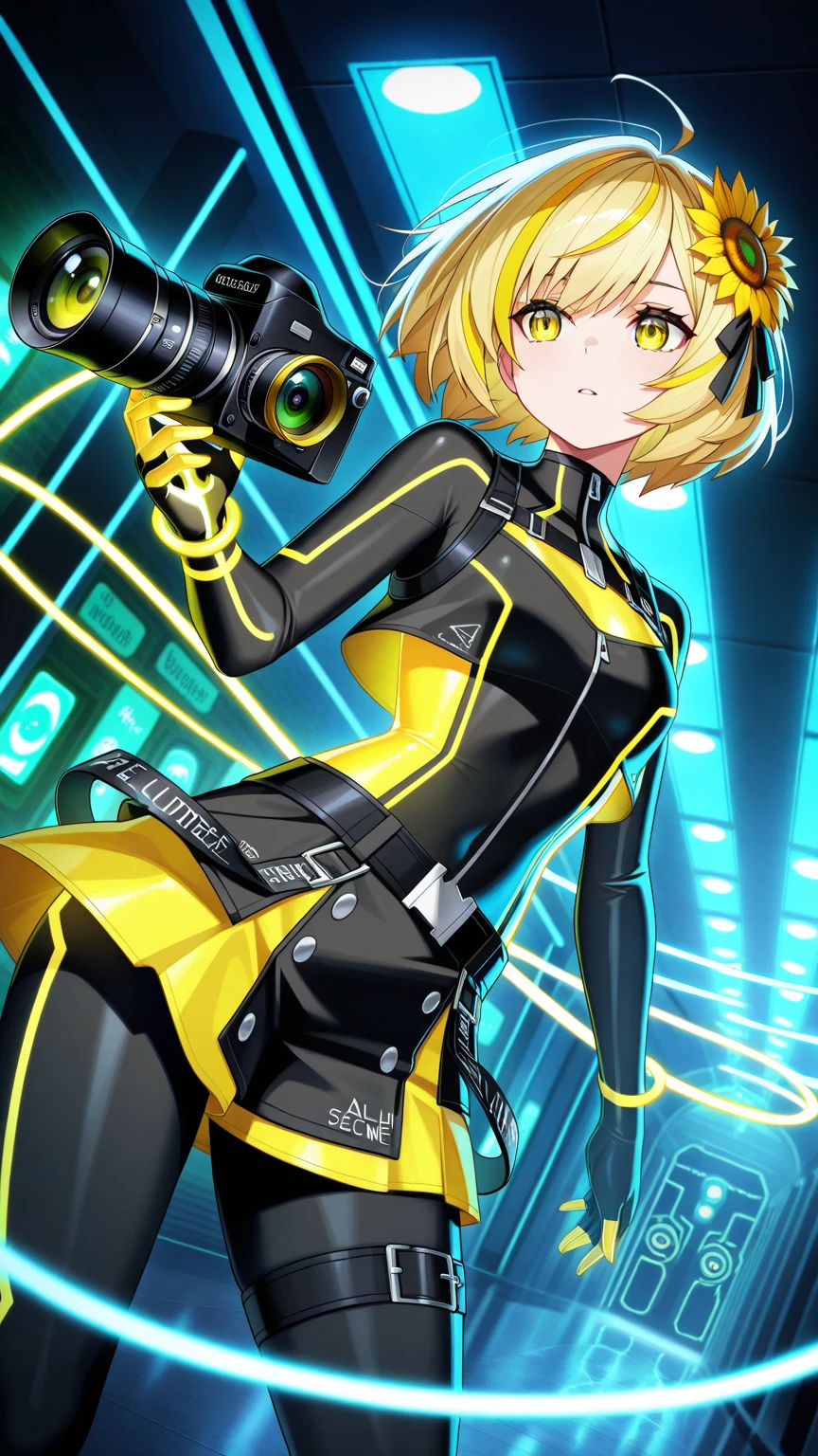 masterpiece,(best quality) magical girl,Lazer gun, yellow, spikey hair, medium sized breasts,( ( character concept art ) )