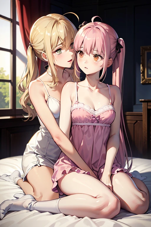 jeune fille en culotte en dentelle rose et en lingerie rose élégante, sa culotte est légèrement transparente et on distingue son sexe a travers le tissu de sa culotte, et les forme de son sexe, elle est brune avec les yeux bleu, elle est très fine, sa poitrine fine, sa poitrine est plate, elle a les seins nus, elle est topless, elle a de petit sein, elle a de jolies hanches et les épaules nues, elle pose de manière sur d'elle, le dos bien cambré, et les jambes bien écartées