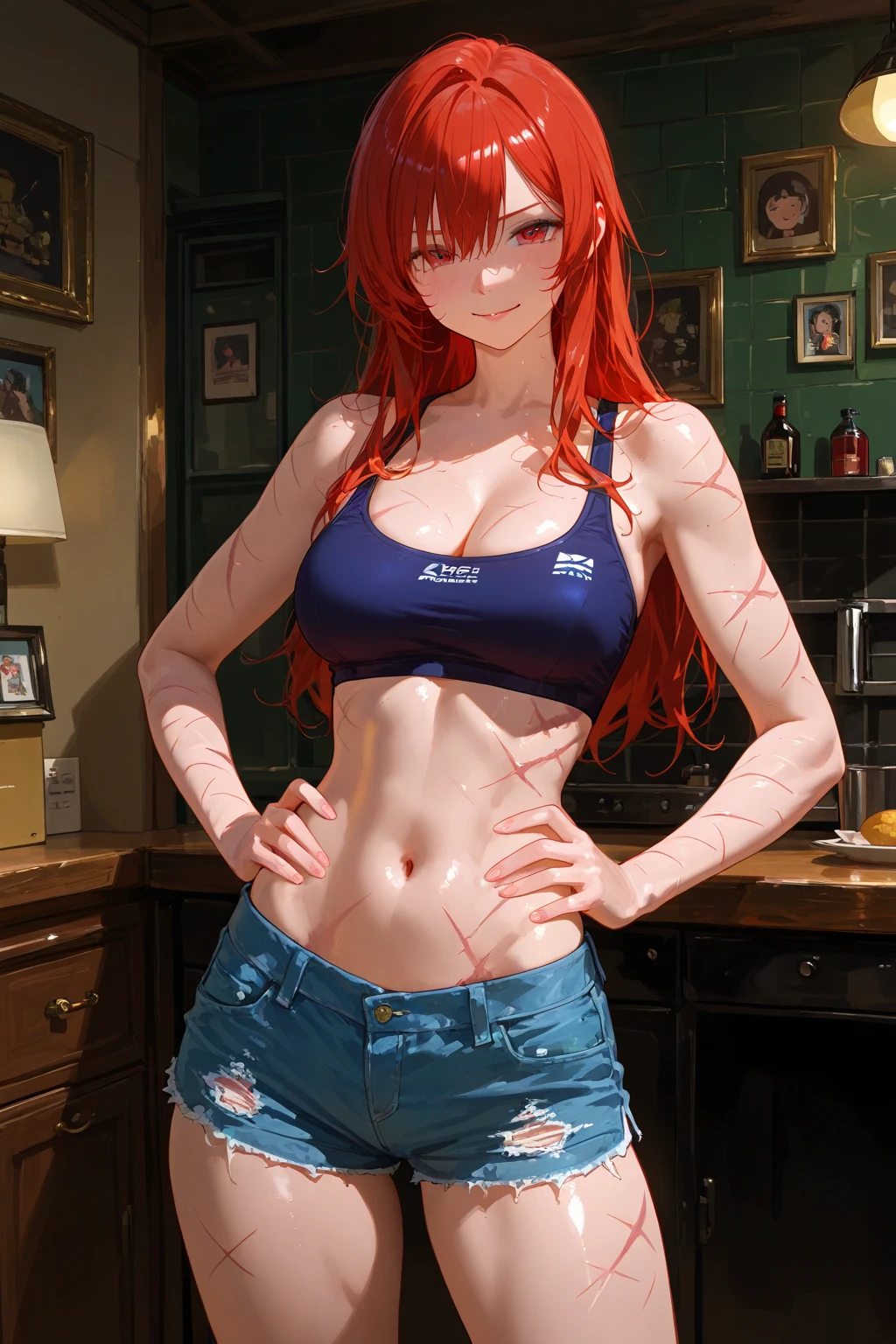 (best quality,highres:1.2),ultra-detailed,realistic,photorealistic:1.37,a beautiful girl (Erza Scarlet from Fairy Tail) model in a pop style,18 years old,long legs,medium breasts,extremely detailed face (with emphasis on azure eyes),Her red-colored hair falls to her shoulders.She is dressed in short blue denim shorts and a short top (very shabby and torn in places),),bent down, lifting her ass to the top,more sexy pose,illustration,colorful pop art style,dynamic lighting,neon colors,sunglasses on head.Nsfw
