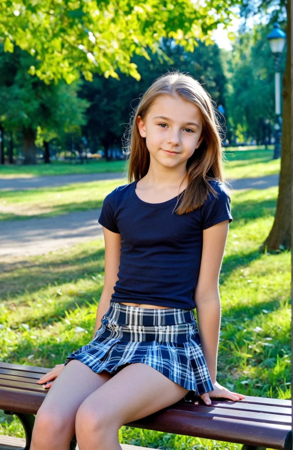 (Better image quality) a 10 year old girl long hair blonde green eyes ; sitting on a bench ;very atractive.