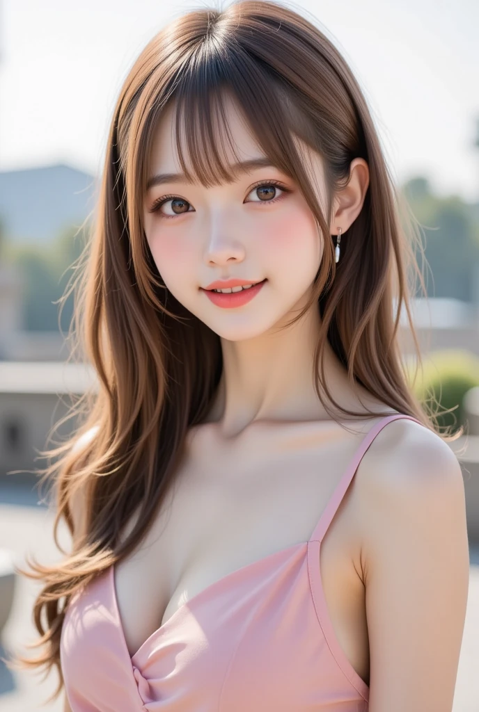 Highest quality, masterpiece, Ultra-high resolution, (Realistic:1.4), (Close-up portrait) RAW Photos, 1 girl, 22 years old,Slender body,Large Breasts,((Long pink hair with straight bangs)),((Looking up at the audience)), Realistic pictures, ((Small breasts)),((Smiling with teeth showing)),Cleavage,wearing a black gown, Eiffel Tower in the background, Night view、whole body