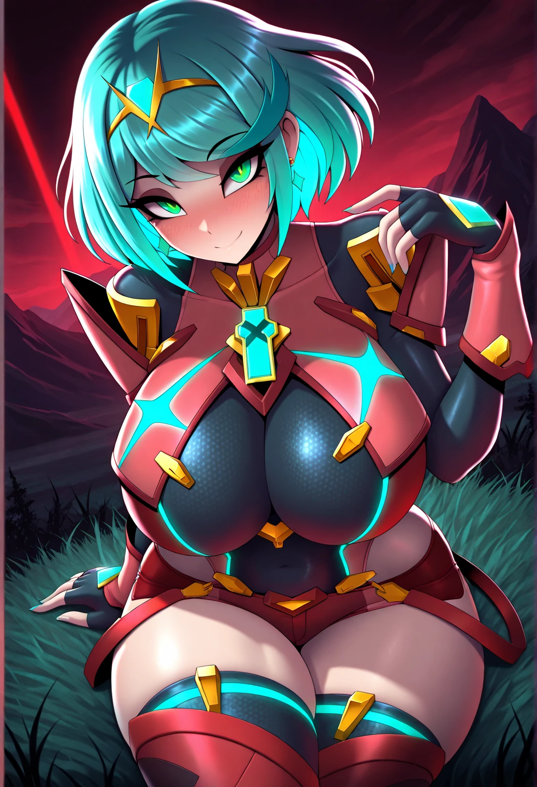 pyra \(xenoblade\), teen_1girl, , armor, bangs, black gloves, breasts, red eyes, light_open_mouth, earrings, eyelashes, fingerless gloves, floating hair, framed breasts, gem, gloves, hair ornament, headpiece, jewelry, big_breasts, leaning back, swimsuit, neon trim, official art, pose, red hair, saitou masatsugu, short hair, sidelocks, skin tight, solo, swept bangs, thighhighs, tiara, fantasy_town_background, underbust, vambraces, xenoblade chronicles \(series\), (xenoblade chronicles 2), (spread_legs:1.1), fire_effect,dynamic_pose,fighting,light_smile, (plump:1.4), big_ass,huge_sword, hold_large_sword_hilt, covered_nipples, (covered_pussy:1.2),cameltoe,back_view, fists,ponytail,plump,beautiful_fingers,(solo:1.1)