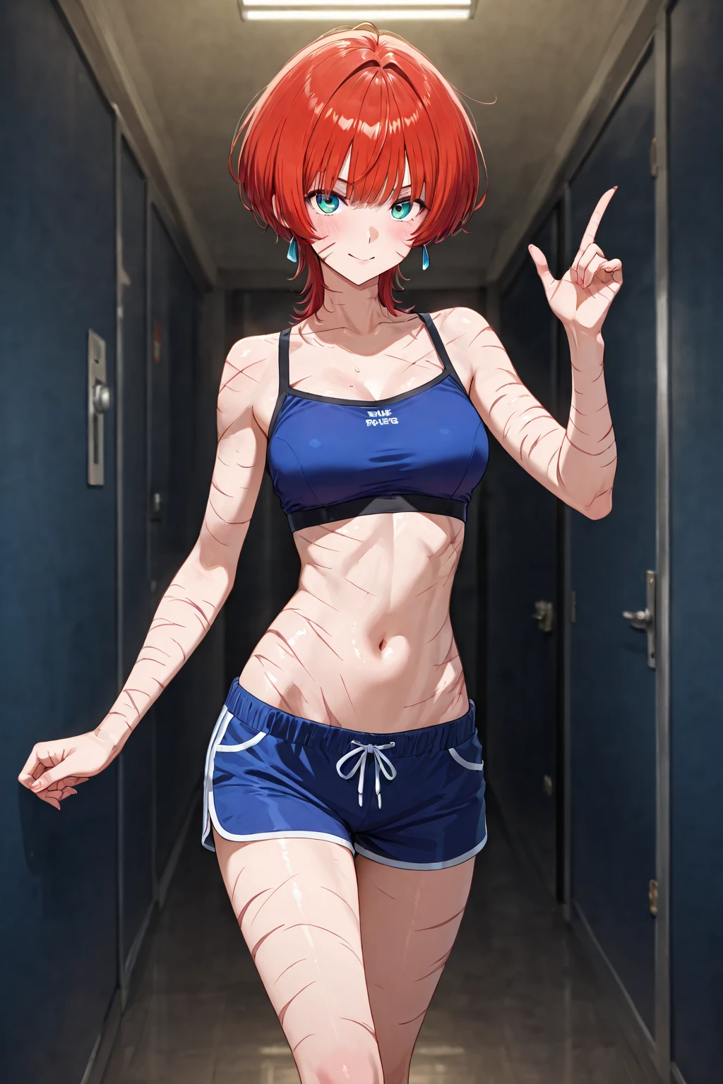 Masterpiece, sksrin, beautiful , facial details, 8k wallpaper, Rin Hoshizora Love Live, short hair, white gym bra, micro shorts , wrestling outfit,(lipstick:0.8), (face paint), defeated, beaten up, moist skin,thin waist ,short girl, skindentation , looking away, swelling bruises in face ,sad, drooling , unadjusted clothes, tears in eyes