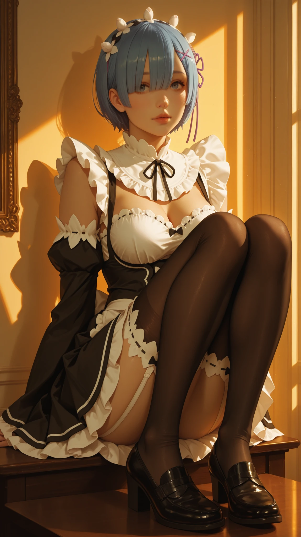 score_9, score_8_up, score_7_up,  (masterpiece, best quality, very aesthetic, ultra detailed, source anime, anime, intricate details), rem_\(re:zero\)
blue_eyes,hair_over_one_eye,short_hair,blue_hair,hair_ribbon,roswaal_mansion_maid_uniform, 1girl, solo, sitting, crossed legs, from below