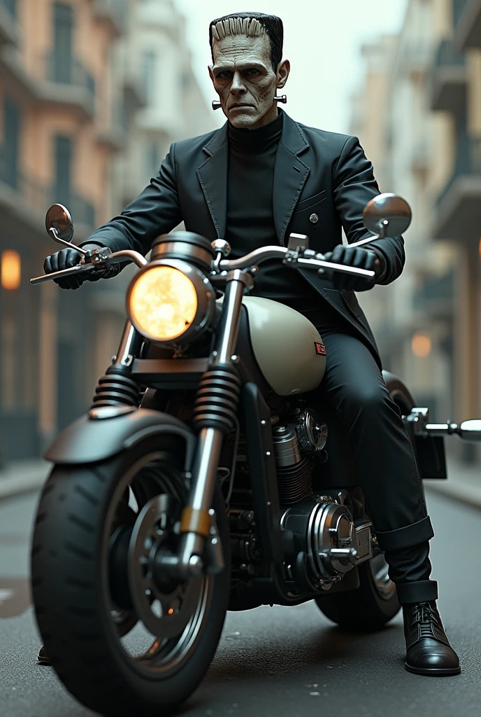 A cheetah man in a white jacket, Riding a motorcycle, Italian town, 4D anime style, Blue eyes tall anime face, !