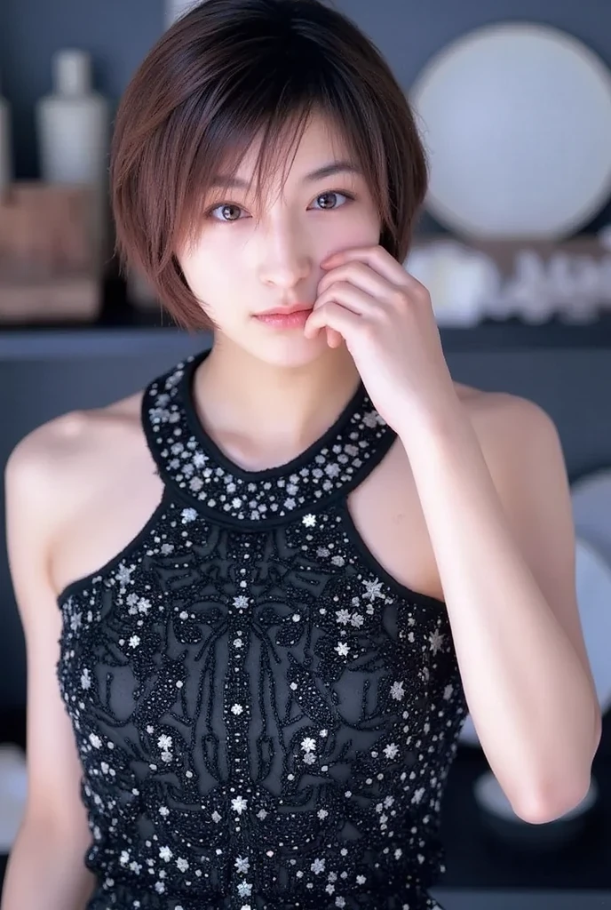 (Highest quality,masterpiece:1.3,Ultra-high resolution),(Very detailed,Caustics,8K), (Realistic:1.4, RAW shooting),(A city shrouded in mystery, Dense teeth), Sunlight shining through ,Light pours down,26 years old,cute,Are standing,(smile),Looking into the camera,Short black hair,(Shiny Dress), (whole body),(Low position),(Low Angle),Natural light,