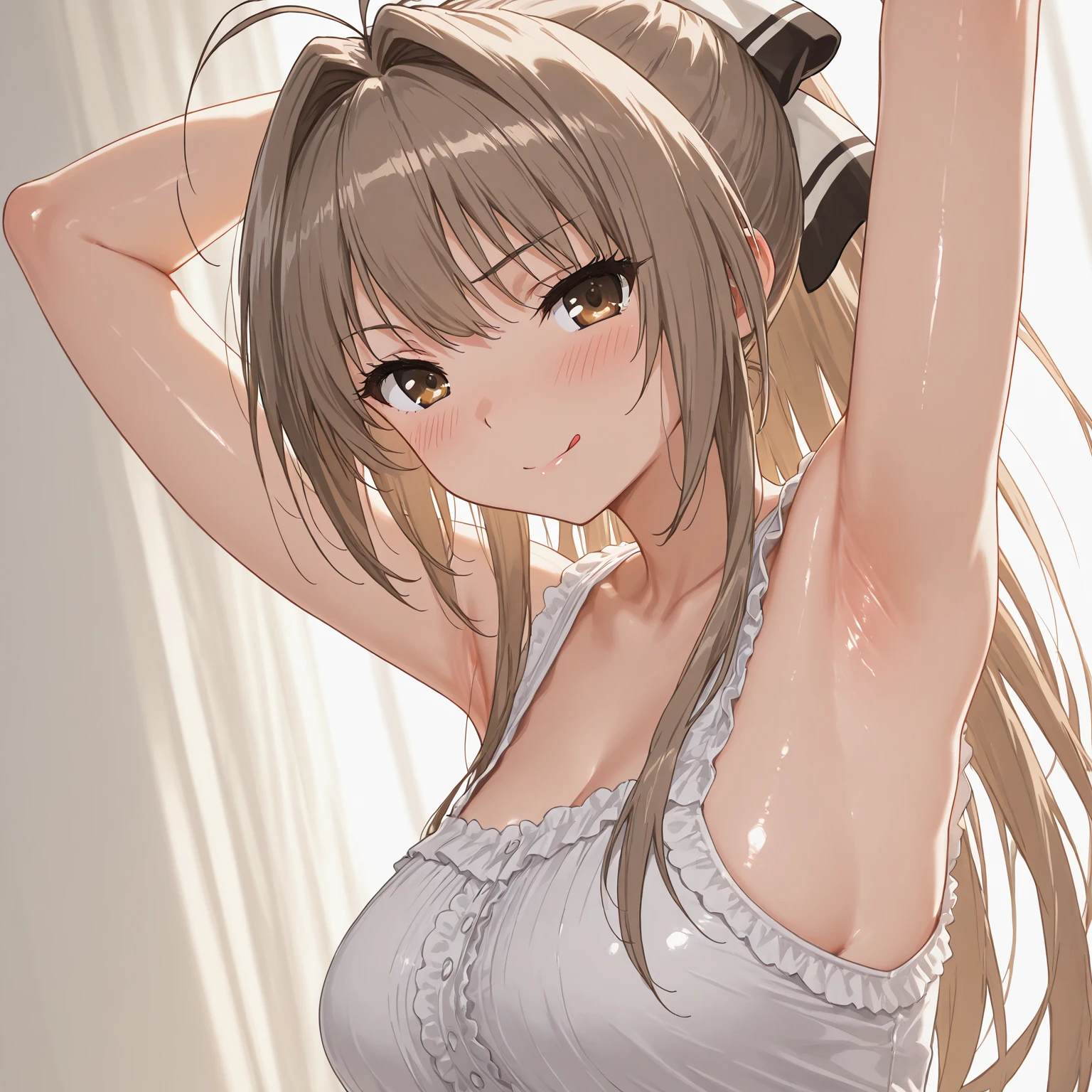 ((masterpiece,Highest quality;1.3,best illustration)),cowboy shot,1woman、25 year old beauty、独奏,((very small head:1.5)),brown hair,straight long hair,bangs,brown eyes,gorgeous eyes,blush,small breasts,((very long body:1.3)),((toned body,slender body:1.3,skinny)),gleaming skin,shiny skin,oily skin,(White tight T-shirt、denim micro shorts)、on street,Tokyo,