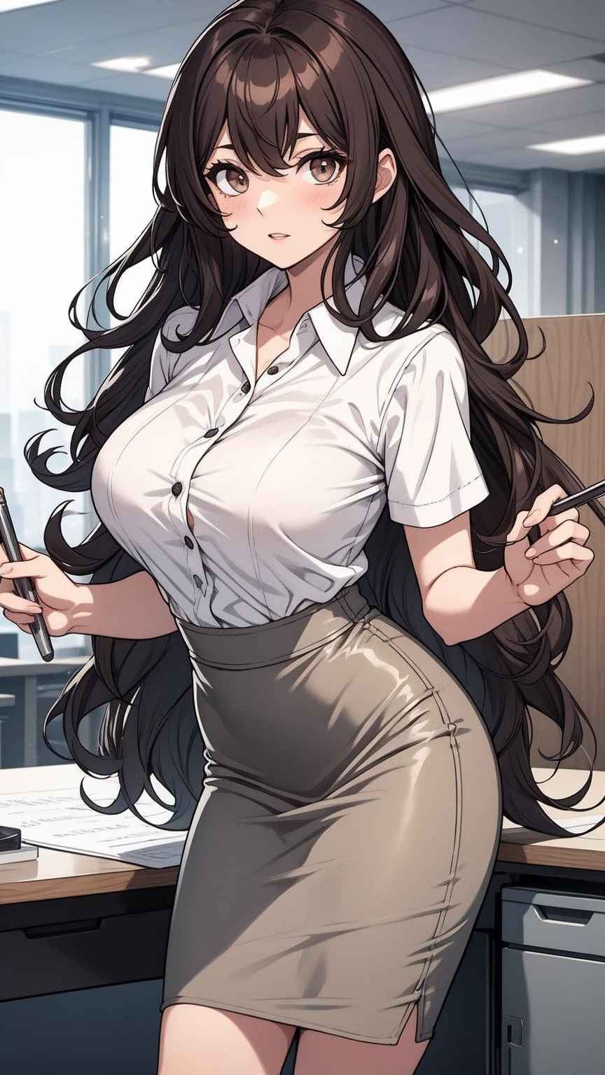 (Best quality, 8K, masutepiece, Ultra HD: 1.3), 1girl in,  ,Light brown hair, Blunt bangs, hair behind ear, hair over shoulders, Long hair,  Slender body type, ultradetail face, Oversized breasts，Delicate lips, Beautiful eyes, Double eyelids, lipsticks, thin blush ,Green eyes ,perfect glossy shiny skins,Flawless skin,White skin of the,perspired,Invite your gaze, chest,Ultra-thin pointer, Ultra-thin fingers, Shirt with collar, Tight skirts , beautifullegs ,Pump. s Office
