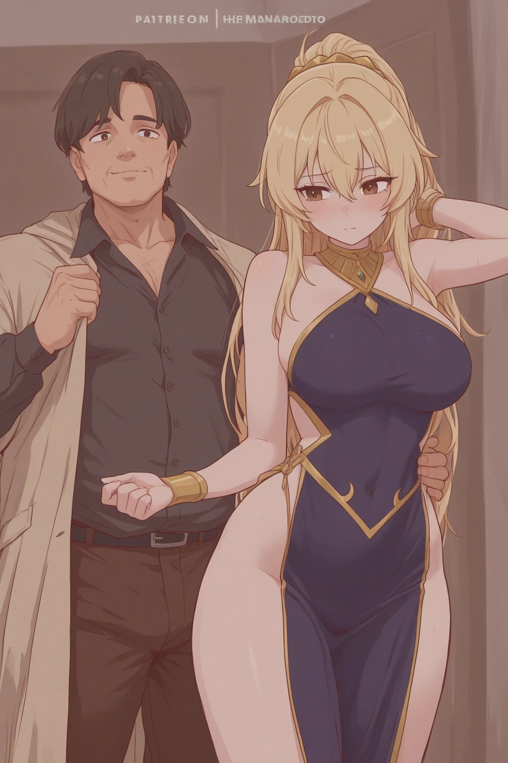 ((highest quality)), ((masterpiece)), (detailed), Perfect Face、(Yuuki Asuna)、(The woman has bright blonde hair)、((The woman and the man are walking around town, their bodies pressed together, and at an upper class party, the man embraces the woman, and the woman is completely his, body and soul, entrusting her body to him.))、((The woman is wearing a long slit see-through dress with gorgeous gold embroidery, shiny gold boots, and gorgeous jewelry accessories such as jeweled earrings, necklaces, bracelets, and waist chains. She is also wearing a gold see-through skirt with an open front.、A beautiful golden see-through cape with a gorgeous headdress chain))、、Men and women with gorgeous engagement rings、((The woman is wearing heavy makeup, including bright red lipstick and dark eyeshadow.))、The man gently strokes the woman's head with one hand.、The man is dressed luxuriously、((The man has a strong body and a big dick and balls))、(Woman looks happy)、(((The man is not wearing lipstick or makeup.)))、The man looks satisfied、