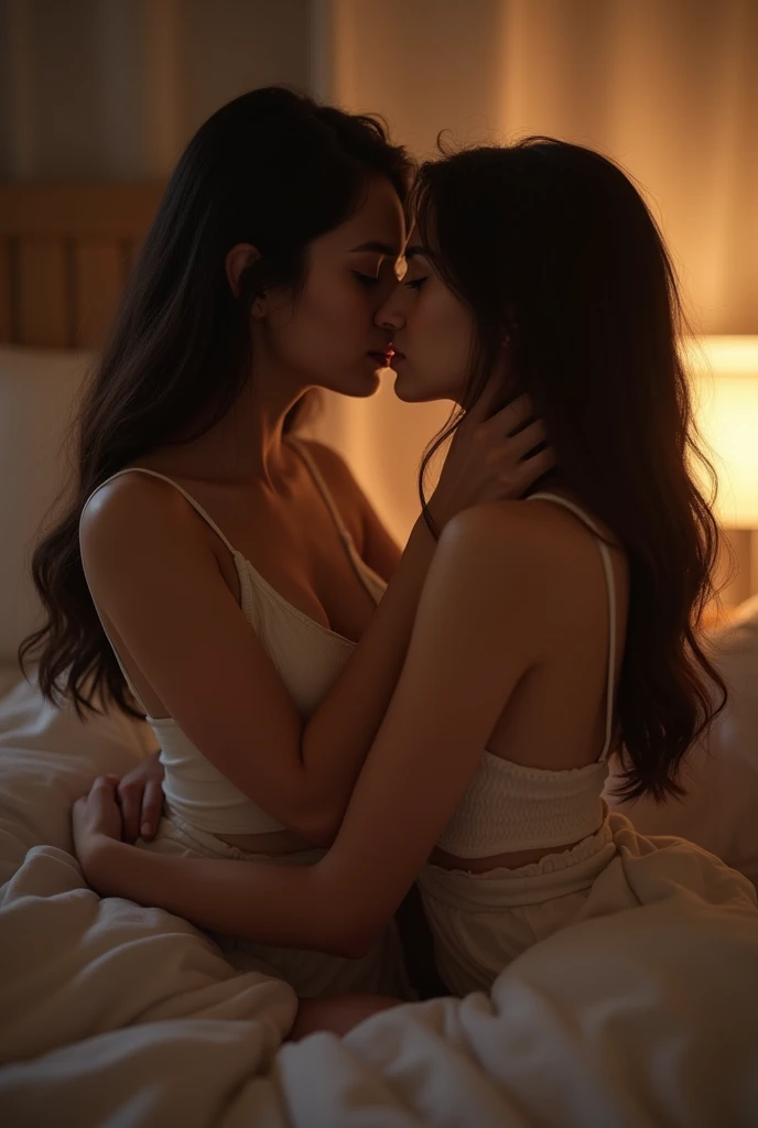 A sexy female student wearing a long-sleeved white school uniform is lying on a bed. She's passionately kissing her friend in the darkness, more so than this.