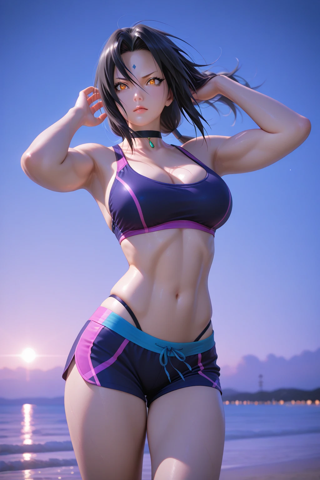 Motoko Kusanagi from anime Ghost in the Shell, inverted bob hair, (messy hair:0.3), dark blue hair, ponytail, sexy bikini, (sweating:1.2), exhausted, intricate detail, depth of field, backlighting, (masterpiece), (high details), award winning, high quality, best quality, 8k, crawling, floor, looking at the viewer, romantic