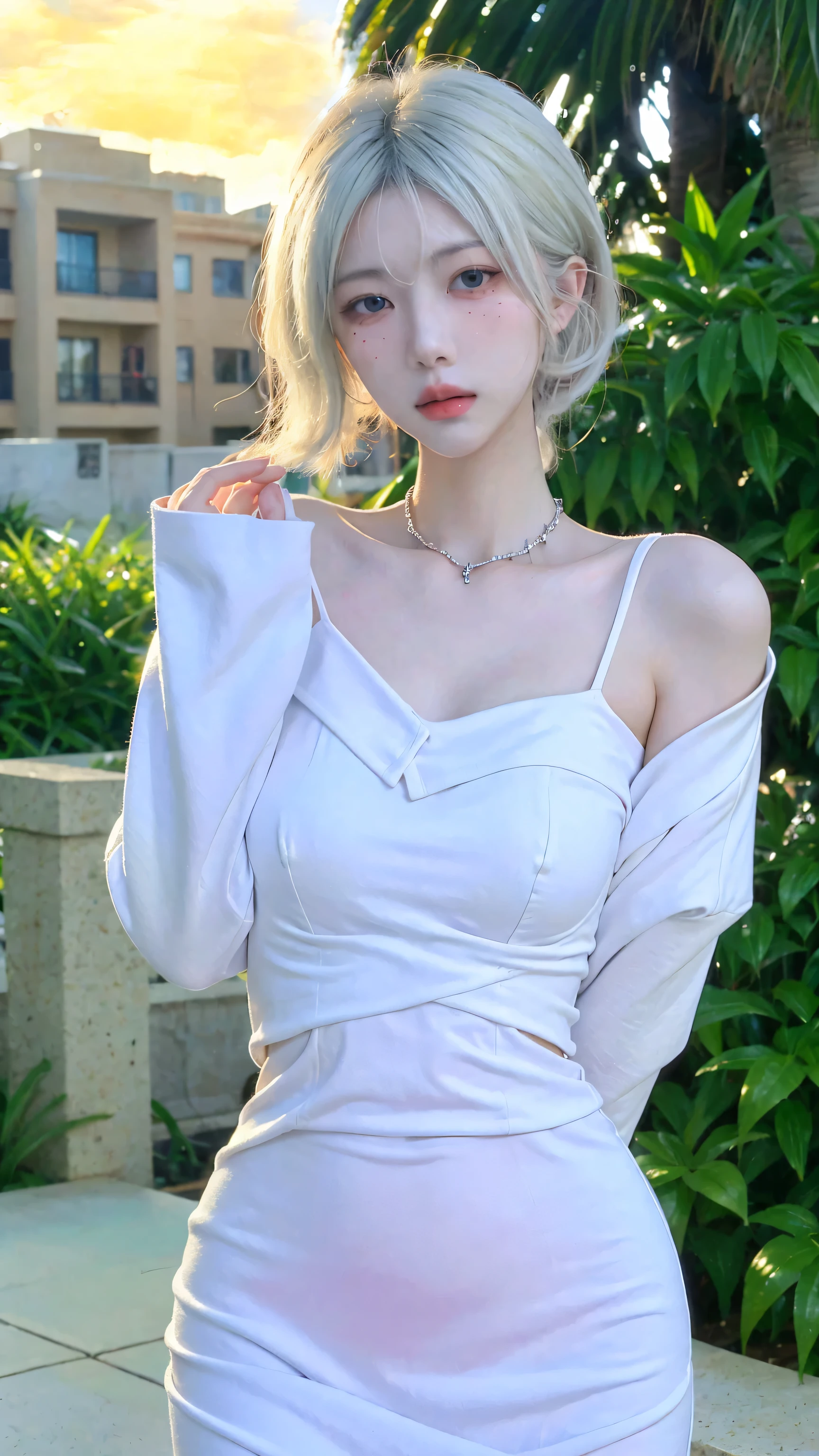 Beautiful woman with perfect figure:1.4,4K,Supermarket background,Big Breasts,cute,Ultra-high resolution,Seductive laughter,White legs,(Lifelike:1.4),Layered hairstyle,White skin,Dress outfit,whole body,Very delicate face and skin texture,Double eyelids,Skin Whitening,White hair,