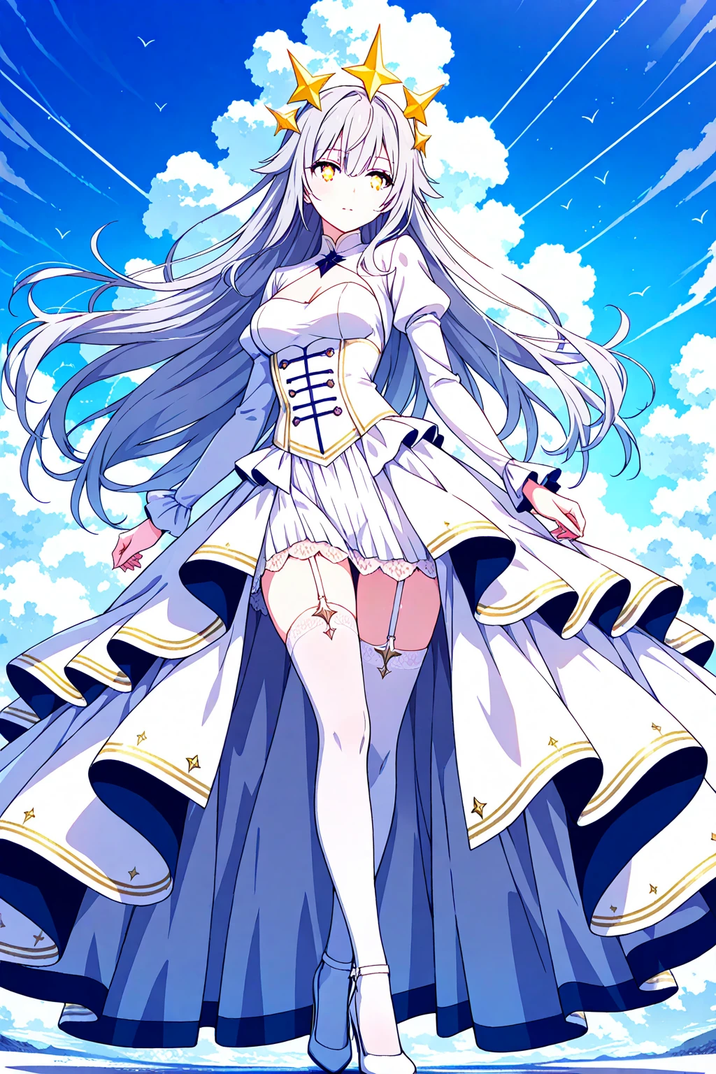 Cabello largo plateado, ojos verdes, petite, dress, white clothes, tiara, sonrisa, abdomen lindo, muslos hermosos, garden