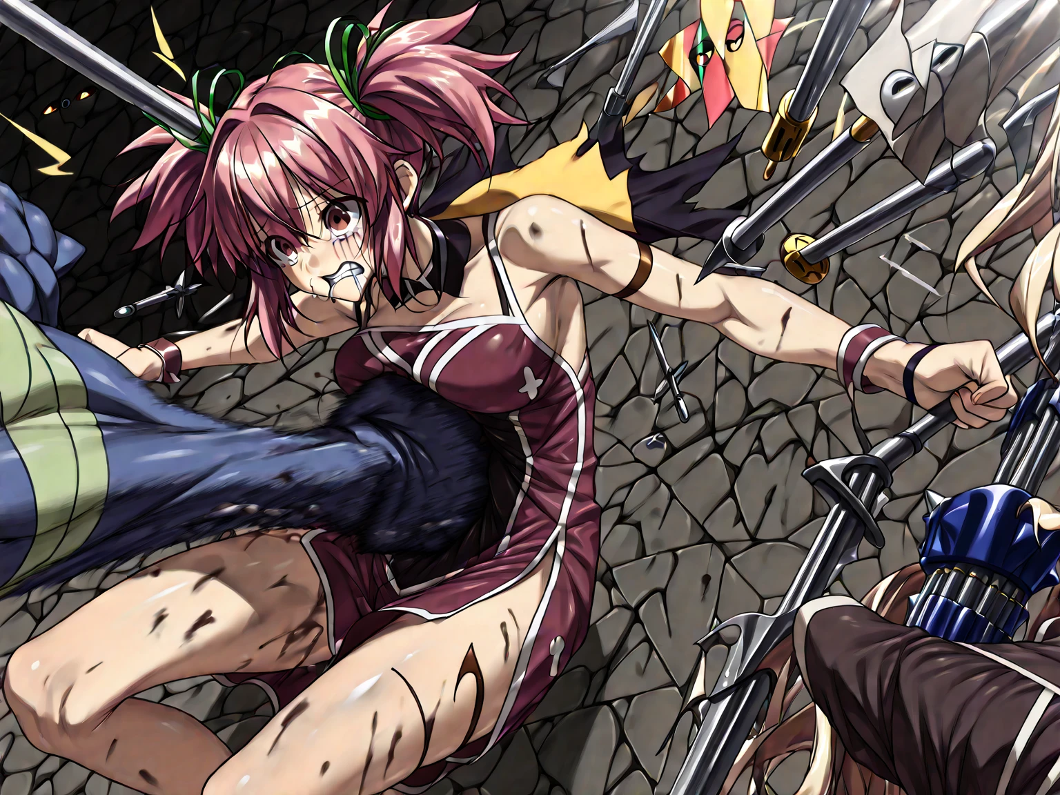 girl, belly button, big breasts, curvy, Queen, bullying, slaughter, enemies helmet in hand, red fluid on body, red liquid on armor, Red fluid on my belly button, Red fluid on my chest, tall, long sword in hand, slashing sword, red liquid splashing, red liquid on my belly button, red liquid on belly, gun, knife, sword, war, battlefield, underwear, kill, shot from below, sensual, Red fluid on my chest, smile, enemies helmet with red liquid, enemy is falling, giving the final blow, background(fallen soldier with red liquid) 