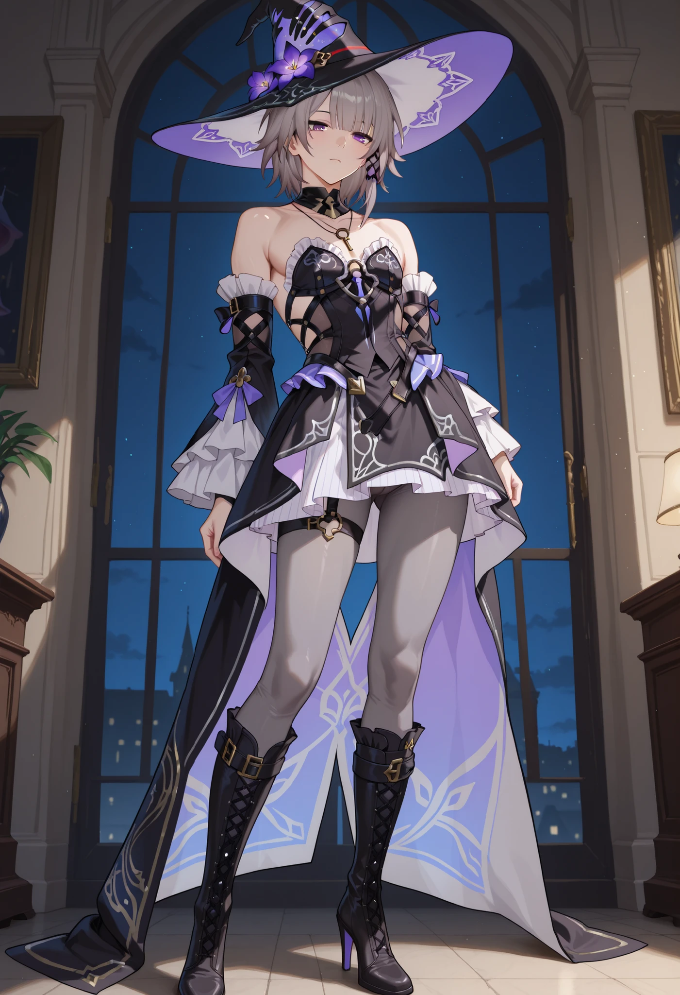 masterpiece, best quality, absurdres, highres, 1boy, solo, THEHEITA_\(honkai_star_rail\), genderswap (ftm), manly, purple eyes,grey hair, short hair, black dress,witch hat,detached sleeves,bare shoulders,gray pantyhose,key necklace,frills,asymmetrical boots,knee boot,high heels, standing, full body, sexy pose, looking at viewer, nightscape,,