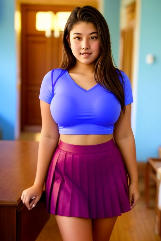 A photorealistic portrait of a 30-year-old Indian woman with big-sized breasts, wearing blue top and pink mini skater skirt,She holds a dildo and giving very adult seductive poses in park behind naked man big cock statue (dick statue), ((big cock statue in park)),captured in close up full-body shot, 8k resolution, with high detail and quality.