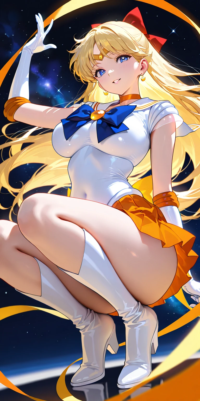 Sailor Venus Complete limbs Full Finger Transformation heroine of justice See-through sexy underwear Beautiful night sky orange patent boots Wrinkled boots enamel orange choker Enamel White Gloves enamel orange mini skirt A clean image Gold decoration Exquisitely decorated costume justice length hair ornaments Crying face Squint your eyes Jockey Boots Push out your hips Spread your legs Sleep on your back Full body paint Put your hands on your crotch Armpits are visible Knee-length long boots barefoot Open your legs Bend your knees Peeing Yellow water flows from the crotch Sweaty Leotard is wet and skin is visible Immersed in white slime A pool full of white slime pamper