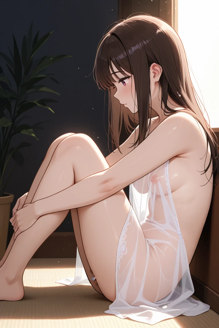 SFW,(8k, RAW photo, best quality, masterpiece, soft cinematic lighting, soft color:1.6),(ideal ratio body proportions:1.8),(from behind above:1.5),(looking back at camera:1.8),(sitting:1.5),(spread legs:0.5),(beautiful eyes focus:1.8), (realistic), (dilapidated japanese old house bath room background:1.6), (solo, mature woman,20years old,super beautiful face,super detaild beautiful brown eyes :1.8), (detaild sheer white Slip Dress:1.6),(coverd nipples:0.5),(embarrassed,red Cheeks:1.25),long hair, {{slicked back hair}}, white blonde color hair, clean skin, (smaller butt:1.6),(coverd nipple:0.9),(sagging huge long wide heavy breasts:1.5),(under boob:0.8), ( Perfect body skinny beauty: 1.5),(open mouth:1.1),(temptation pose:1.8),(heavy breathing:1.5),