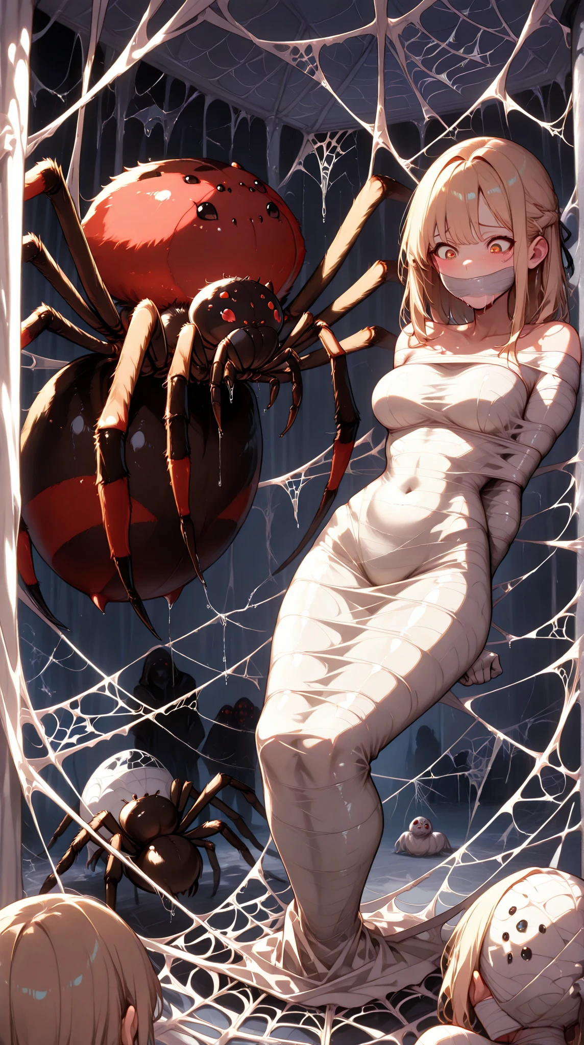masterpiece, best quality, 1girl, solo, looking at viewer, Enome, blonde hair, length hair, floating hair,large breasts , breasts out, (arms behind back:1.4), hanging,spiders in the web,long spider, scared face, crying, desperate,struggle, entangled,, despair,cocoon, blushing face, fucked by spider, spider touching her,(spider touching her), holding hair, pov spider's leg pulling hair, hair played, hair toying, (spider raises her hair), silk gagged